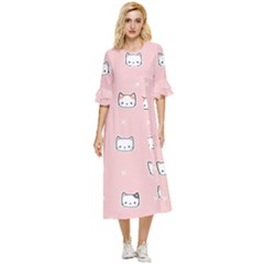 Cute Cat Cartoon Doodle Seamless Pink Pattern Double Cuff Midi Dress by Grandong