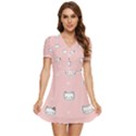 Cute Cat Cartoon Doodle Seamless Pink Pattern V-Neck High Waist Chiffon Mini Dress View1