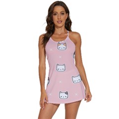 Cute Cat Cartoon Doodle Seamless Pink Pattern 2-in-1 Flare Activity Dress by Grandong