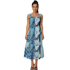 Chinese Style 3d Embossed Blue Peacock Oil Painting Square Neckline Tiered Midi Dress by Grandong