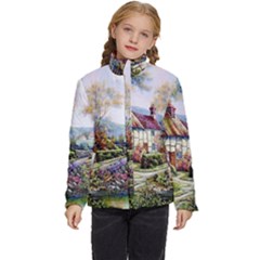 Colorful Cottage River Colorful House Landscape Garden Beautiful Painting Kids  Puffer Bubble Jacket Coat by Grandong