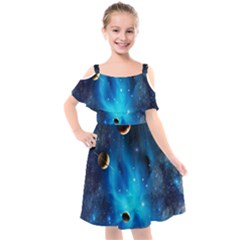 3d Universe Space Star Planet Kids  Cut Out Shoulders Chiffon Dress by Grandong