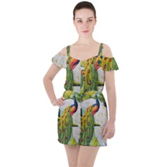 Peacock Art Ruffle Cut Out Chiffon Playsuit by Grandong