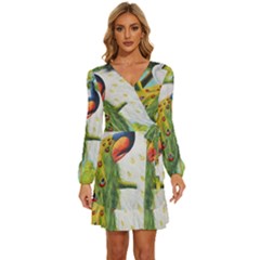 Peacock Art Long Sleeve Waist Tie Ruffle Velvet Dress by Grandong