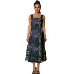 Pixel Art City Square Neckline Tiered Midi Dress by Sarkoni