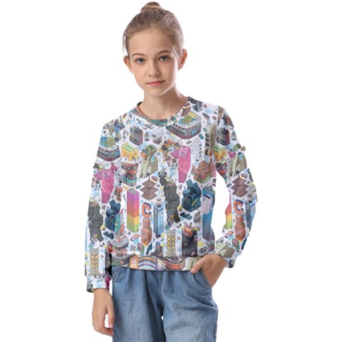 City Pattern Pixel Art Japan Kids  Long Sleeve T-shirt With Frill  by Sarkoni