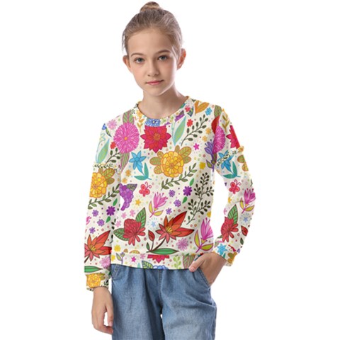 Colorful Flower Abstract Pattern Kids  Long Sleeve T-shirt With Frill  by Grandong