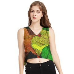 Colorful Autumn Leaves Texture Abstract Pattern V-neck Cropped Tank Top by Grandong