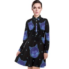 Vector Illustration Of Cat Animal Face Pattern Long Sleeve Chiffon Shirt Dress by Ndabl3x