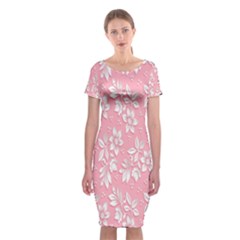 Pink Texture With White Flowers, Pink Floral Background Classic Short Sleeve Midi Dress by nateshop