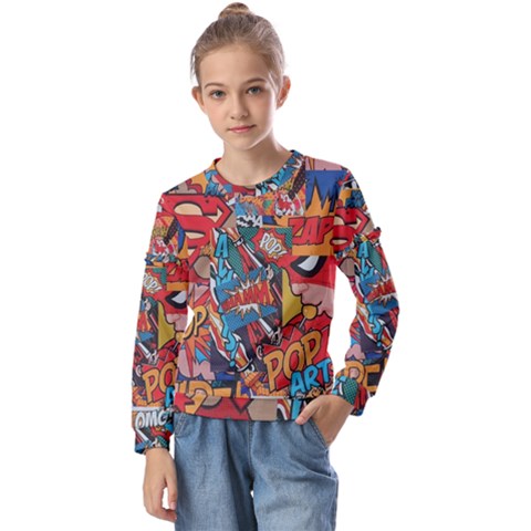 Comic Cartoon Pattern Kids  Long Sleeve T-shirt With Frill  by pakminggu