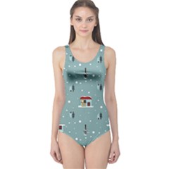 Seamless Pattern With Festive Christmas Houses Trees In Snow And Snowflakes One Piece Swimsuit by Grandong