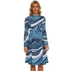 Abstract Blue Ocean Wave Long Sleeve Shirt Collar A-line Dress by Jack14