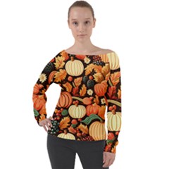 Thanksgiving Pattern Off Shoulder Long Sleeve Velour Top by Valentinaart