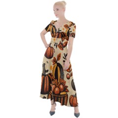 Thanksgiving Pattern Button Up Short Sleeve Maxi Dress by Valentinaart