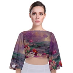 Abstract Flowers  Tie Back Butterfly Sleeve Chiffon Top by Internationalstore