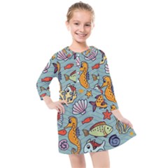 Cartoon Underwater Seamless Pattern With Crab Fish Seahorse Coral Marine Elements Kids  Quarter Sleeve Shirt Dress by uniart180623