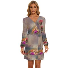 Floral Blossoms  Long Sleeve Waist Tie Ruffle Velvet Dress by Internationalstore