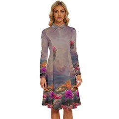 Floral Blossoms  Long Sleeve Shirt Collar A-line Dress by Internationalstore