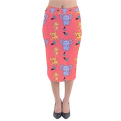 Elephant Monkey Dog Cartoon Velvet Midi Pencil Skirt by Pakjumat