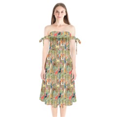 Animal Forest Pattern Shoulder Tie Bardot Midi Dress by Pakjumat