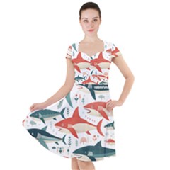 Fish Shark Animal Pattern Cap Sleeve Midi Dress by Pakjumat