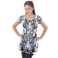 White And Black Tiger Puff Sleeve Tunic Top by Sarkoni