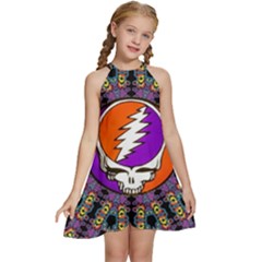 Gratefuldead Grateful Dead Pattern Kids  Halter Collar Waist Tie Chiffon Dress by Sarkoni