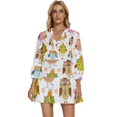 Cute Owls Pattern V-neck Placket Mini Dress by Ket1n9