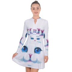 Cute White Cat Blue Eyes Face Long Sleeve Panel Dress by Ket1n9