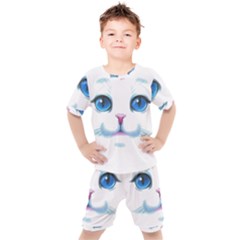 Cute White Cat Blue Eyes Face Kids  T-shirt And Shorts Set by Ket1n9