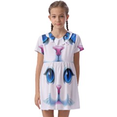 Cute White Cat Blue Eyes Face Kids  Asymmetric Collar Dress by Ket1n9