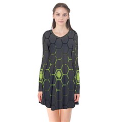 Green Android Honeycomb Gree Long Sleeve V-neck Flare Dress by Ket1n9