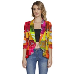 Colorful 3d Social Media Women s 3/4 Sleeve Ruffle Edge Open Front Jacket by Ket1n9