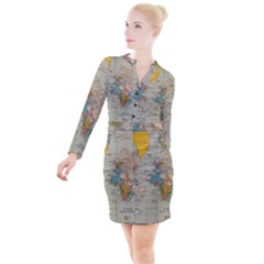 Vintage World Map Button Long Sleeve Dress by Ket1n9