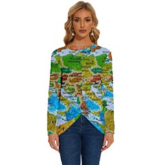 World Map Long Sleeve Crew Neck Pullover Top by Ket1n9