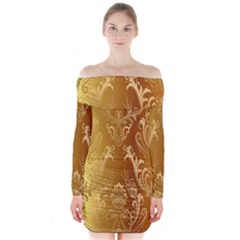 Golden Pattern Vintage Gradient Vector Long Sleeve Off Shoulder Dress by Ket1n9