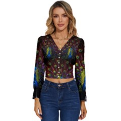 Beautiful Peacock Feather Long Sleeve V-neck Top by Ket1n9