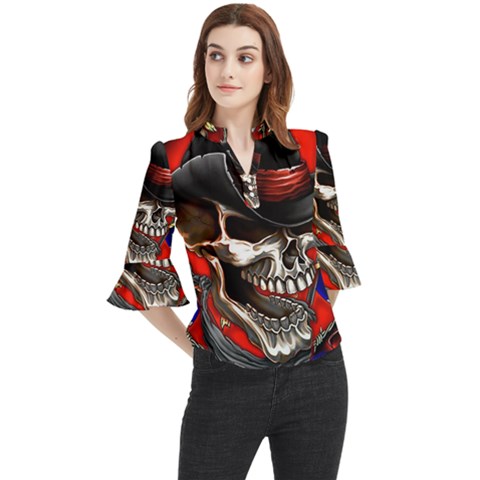 Confederate Flag Usa America United States Csa Civil War Rebel Dixie Military Poster Skull Loose Horn Sleeve Chiffon Blouse by Ket1n9