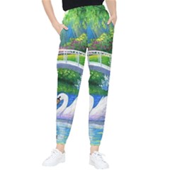 Swan Bird Spring Flowers Trees Lake Pond Landscape Original Aceo Painting Art Women s Tapered Pants by Ket1n9