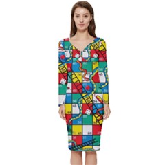 Snakes And Ladders Long Sleeve V-neck Bodycon Dress  by Ket1n9