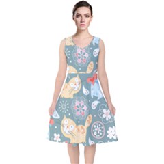 Cute Cat Background Pattern V-neck Midi Sleeveless Dress  by Ket1n9