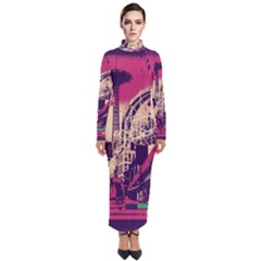 Pink City Retro Vintage Futurism Art Turtleneck Maxi Dress by Ket1n9