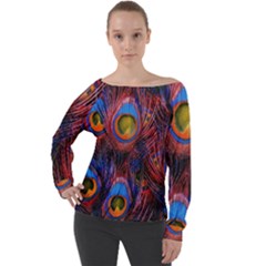 Pretty Peacock Feather Off Shoulder Long Sleeve Velour Top by Ket1n9