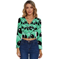 Art Alien Pattern Long Sleeve V-neck Top by Ket1n9