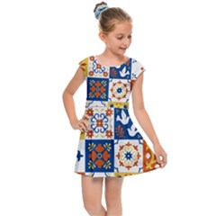 Mexican-talavera-pattern-ceramic-tiles-with-flower-leaves-bird-ornaments-traditional-majolica-style- Kids  Cap Sleeve Dress by Ket1n9