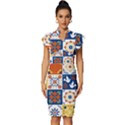 Mexican-talavera-pattern-ceramic-tiles-with-flower-leaves-bird-ornaments-traditional-majolica-style- Vintage Frill Sleeve V-Neck Bodycon Dress View1