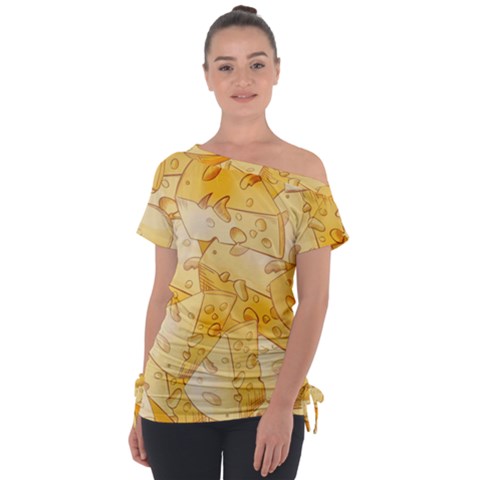 Cheese-slices-seamless-pattern-cartoon-style Off Shoulder Tie-up T-shirt by Ket1n9