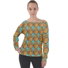 Owl Bird Pattern Off Shoulder Long Sleeve Velour Top by Grandong