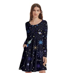 Starry Night  Space Constellations  Stars  Galaxy  Universe Graphic  Illustration Long Sleeve Knee Length Skater Dress With Pockets by Grandong